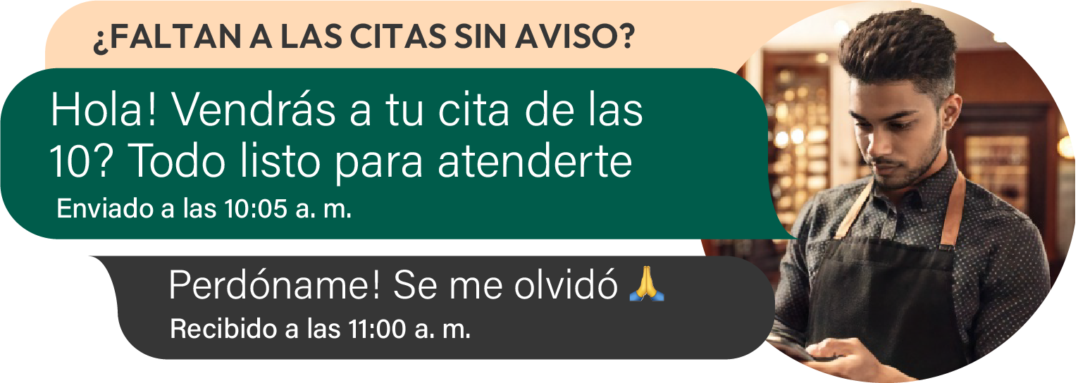 Ejemplos de mensajes de clientes preguntando por citas a deshoras y cancelando a último minuto.